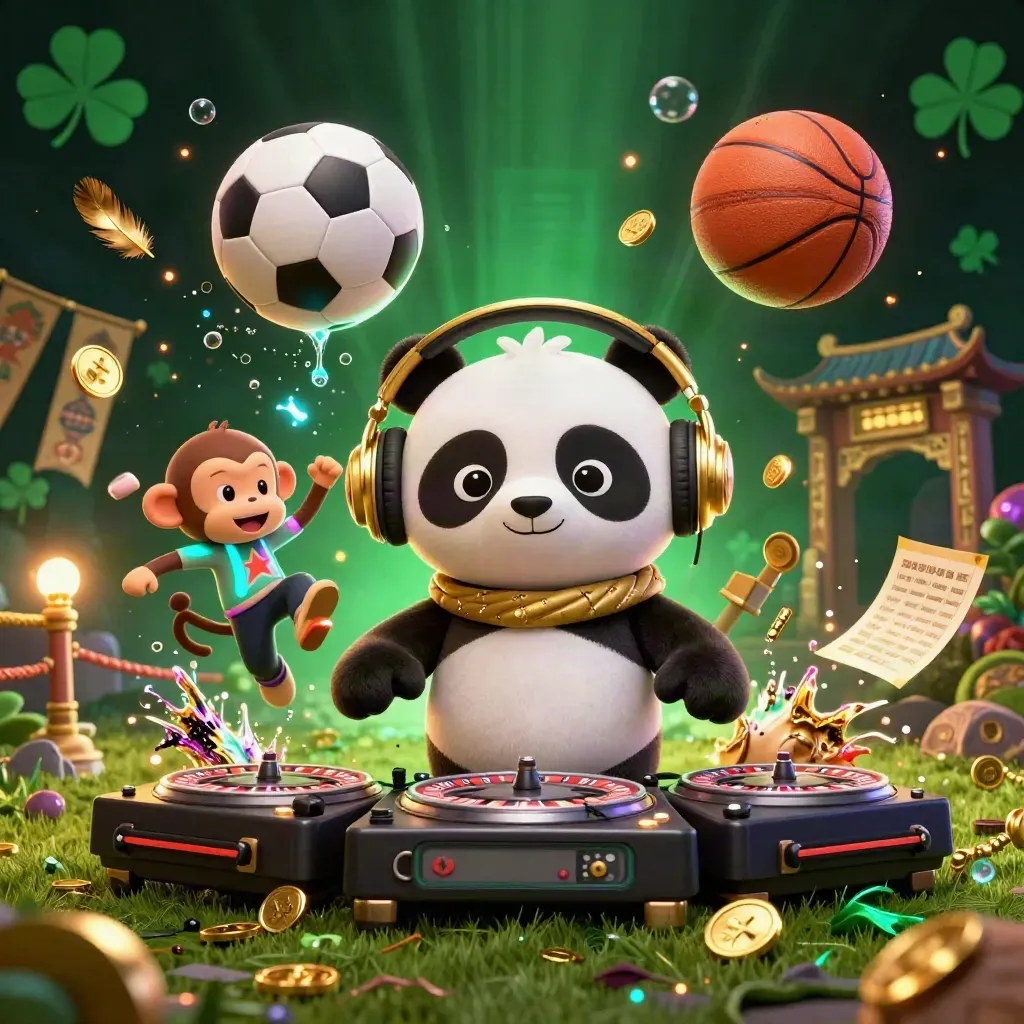 DJ panda, monkey, and glow-kitten amid casino-sport action with balls, coins, and neon light