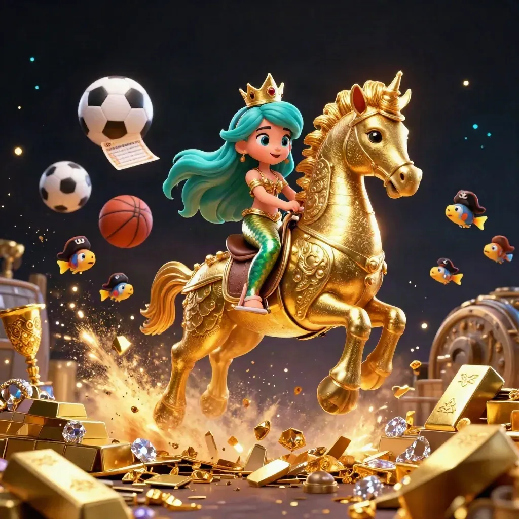 Mermaid princess on armored seahorse amid treasure burst, fish, balls and gold glow