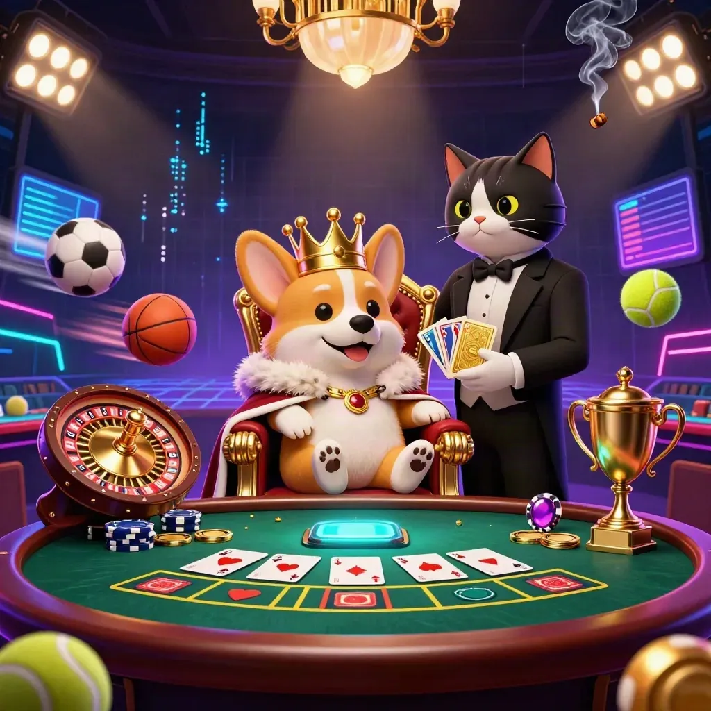 Royal corgi and cat butler in a neon casino with coins, sports balls, roulette, and a glowing backdrop.