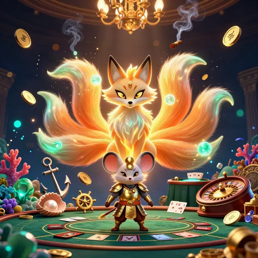 Neon fox spirit and samurai mouse amid casino treasure, gold coins, and glowing jewel light.