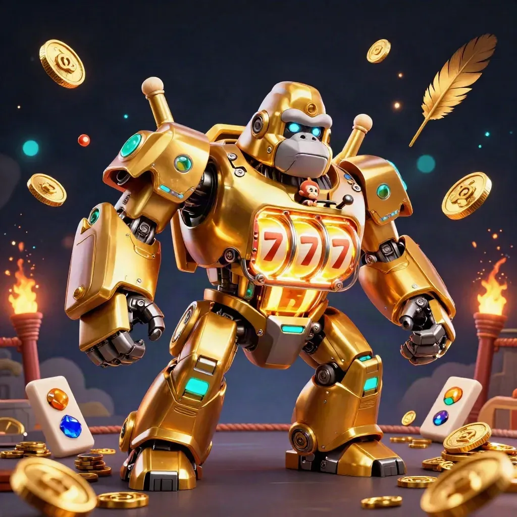 Golden gorilla mech with monkey pilot amid coins, temple gate, and cyan sparks