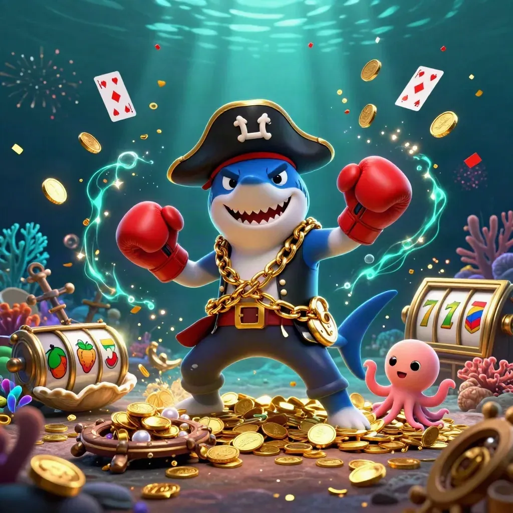 Pirate shark, boxing pufferfish, and coin-juggling octopus amid an underwater casino treasure cove