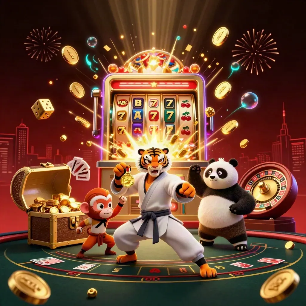 Tiger master, panda disciple, and monkey student amid a vault burst, slot symbols, gold, and neon casino glow