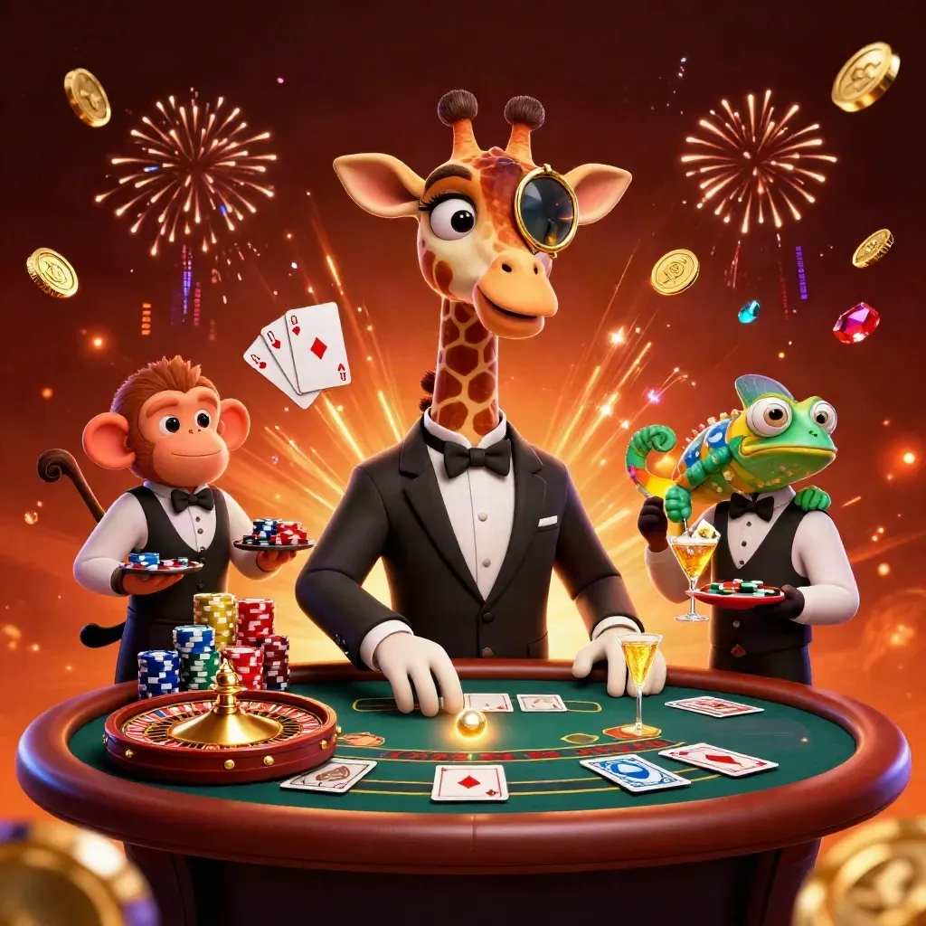 Giraffe high roller, monkey valet, and chameleon bartender amid coins, cards, chips, and fireworks.