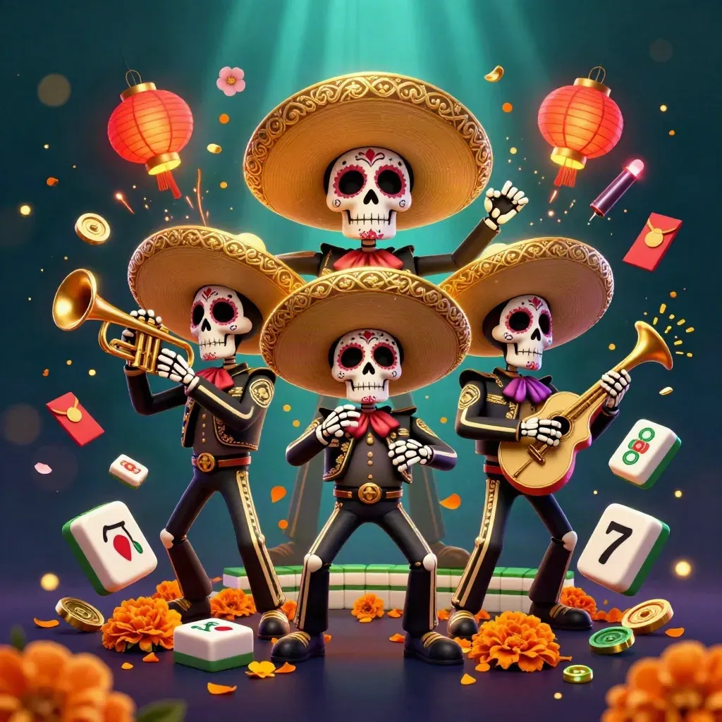 Skeleton mariachi trio amid casino loot and neon sparks in a dark teal cinematic splash.